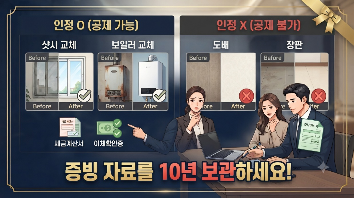 상속 부동산 매도 시 인정되는 자본적 지출(샷시, 보일러 교체)과 인정되지 않는 수익적 지출(도배, 장판) 비교 및 증빙 자료 보관 안내.