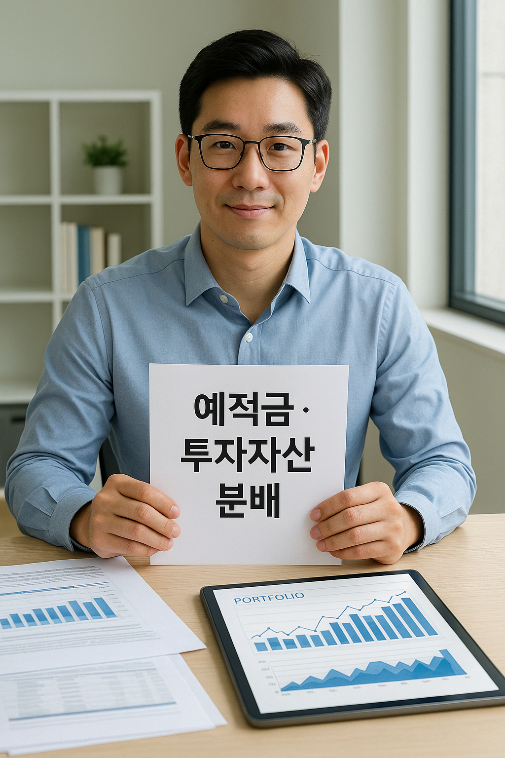 깔끔한 사무실 책상에 앉아 있는 30대 초반의 동양인 남성이 미소를 지으며 '예적금 · 투자자산 분배'라고 적힌 종이를 들고 있다. 책상 위에는 포트폴리오 그래프가 표시된 태블릿과 재무 자료가 놓여 있으며, 창문을 통해 자연광이 들어오는 밝은 분위기의 사무공간이 배경으로 보인다.
