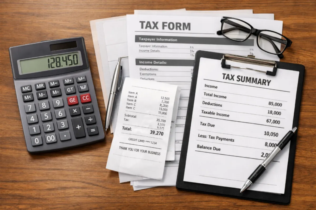 종합소득세 계산을위한 계산기와 서류들