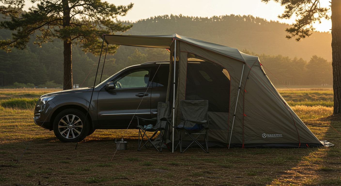 차량 후면에 도킹 텐트를 설치한 모습