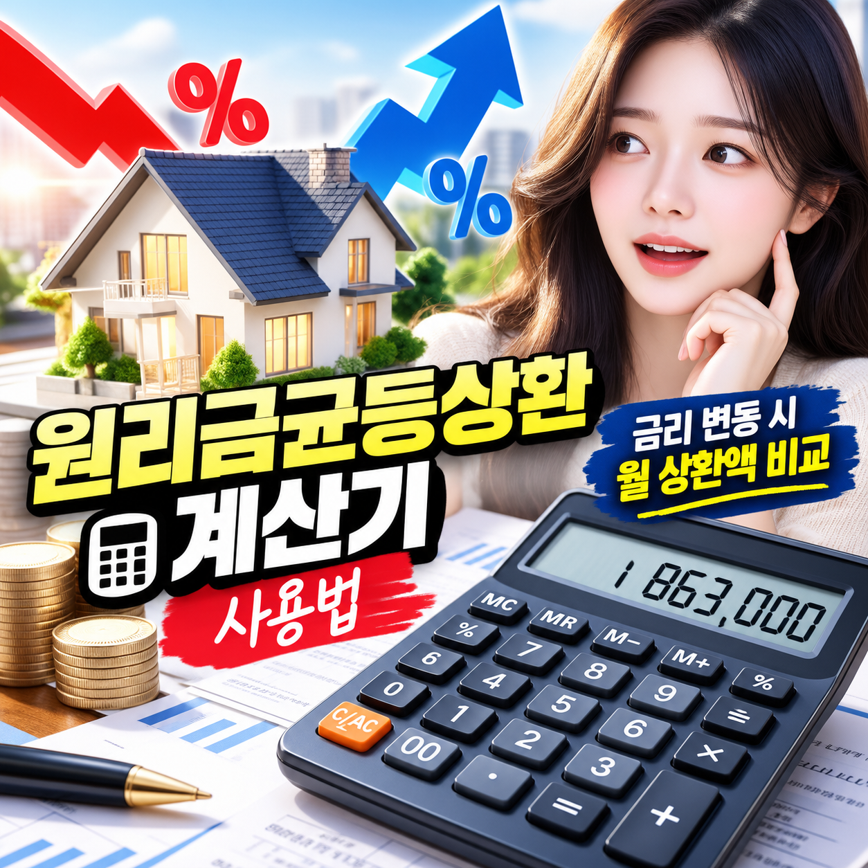 주택담보대출 원리금균등상환 계산기 사용법, 금리 변동 시 월 상환액 비교하기