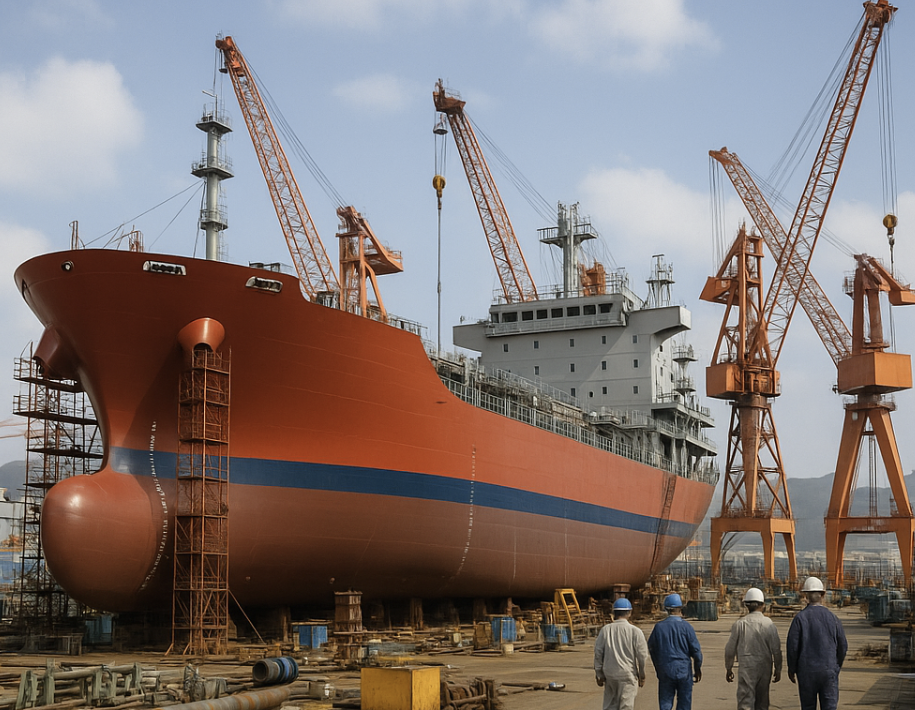 조선소에서 대형 선박을 건조하는 사진