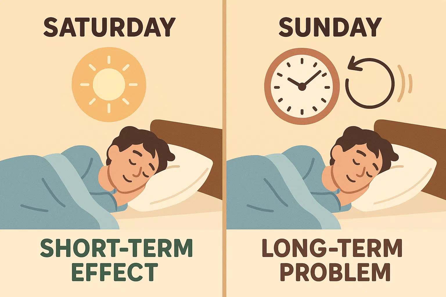 토요일과 일요일에 침대에서 늦잠 자는 사람, 한쪽에는 피로가 줄어드는 밝은 아이콘, 다른 한쪽에는 시계가 어긋나고 생체리듬이 흔들리는 그래픽, “단기 효과 vs 장기 문제” 대비