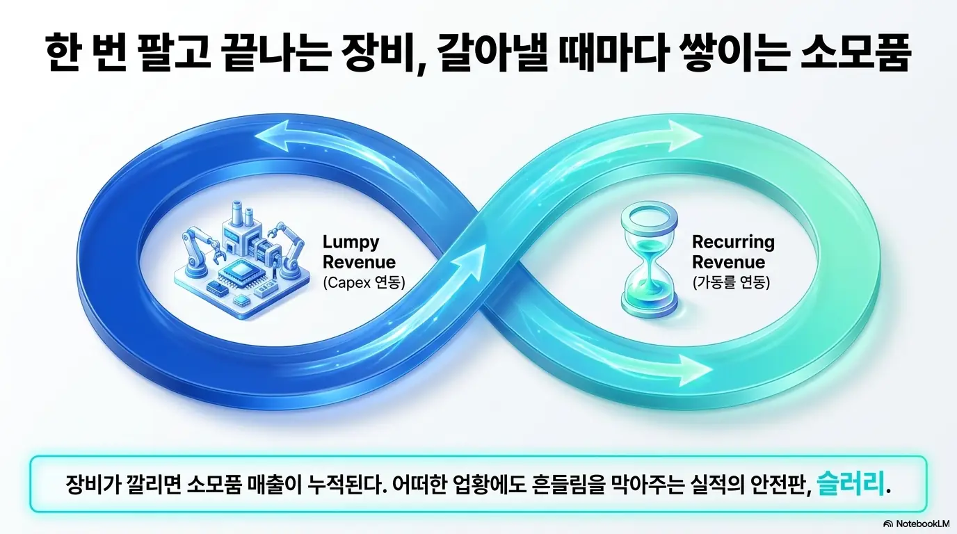 케이씨텍 주가 전망: 한 번 팔고 끝나는 케이씨텍의 장비 매출과 웨이퍼를 갈 때마다 반복적으로 쌓이는 슬러리 소모품 매출의 구조 차이를 무한대 형상으로 표현한 인포그래픽. 장비가 깔릴수록 소모품 매출이 누적되어 업황 변동에도 실적의 안전판이 되는 케이씨텍 사업 구조를 시각적으로 설명함.