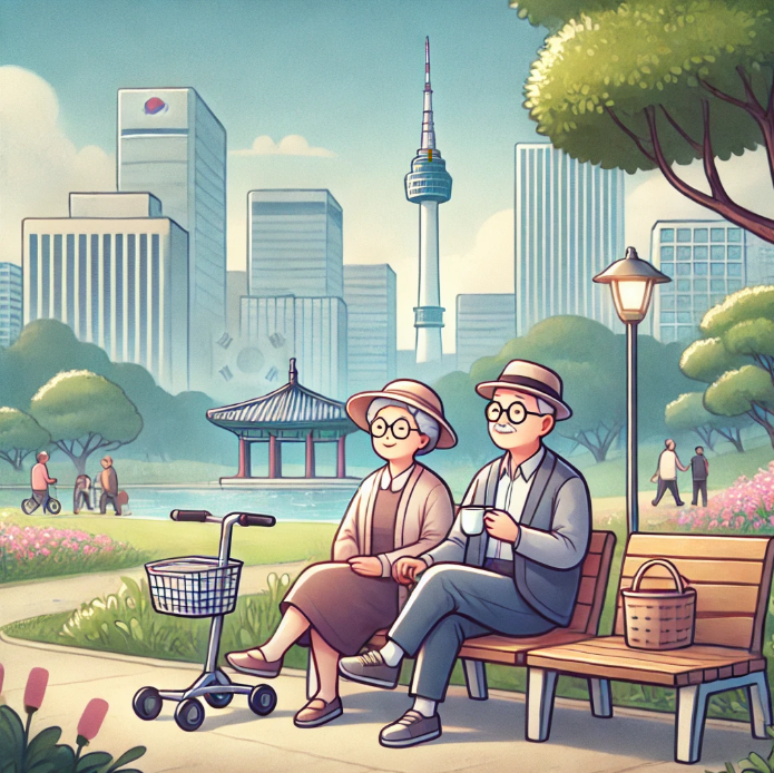 공원에서 여유를 즐기는 은퇴한 커플