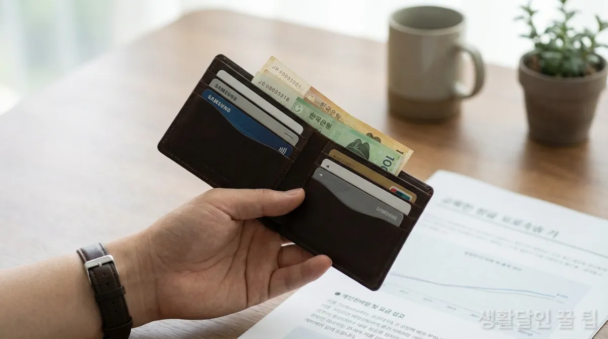 고품질 가죽 지갑을 들고 있는 한국인의 손, 배경에는 흐릿한 재정 서류