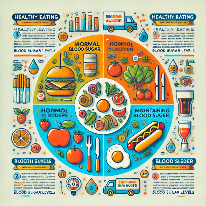 건강한 식단이 정상 혈당 유지에 미치는 효과를 보여주는 인포그래픽