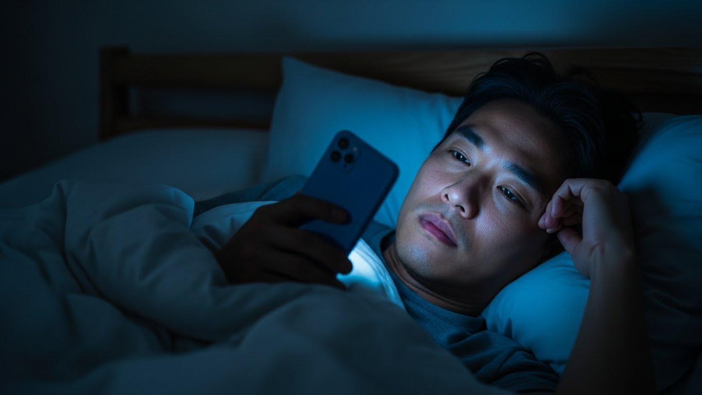 늦은 밤 침대에 누워 스마트폰 숏폼 영상을 보며 뇌의 피로감을 느끼는 남성의 모습