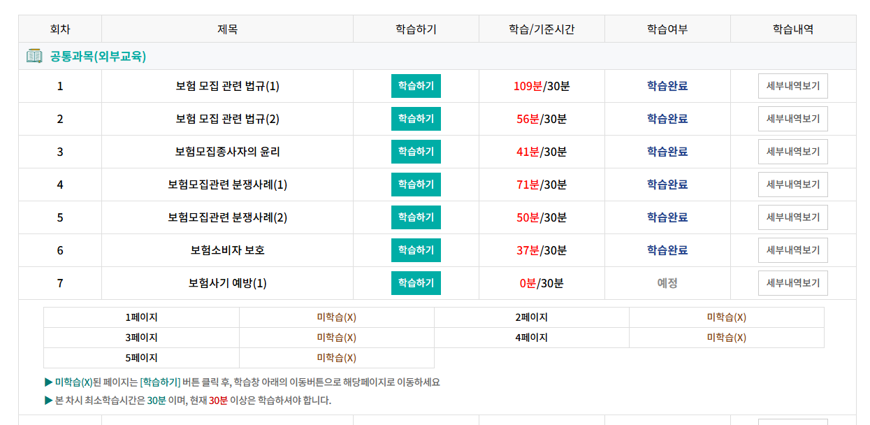 보험연수원 사이버 교육 학습/기준시간 및 학습 완료 현황 테이블
