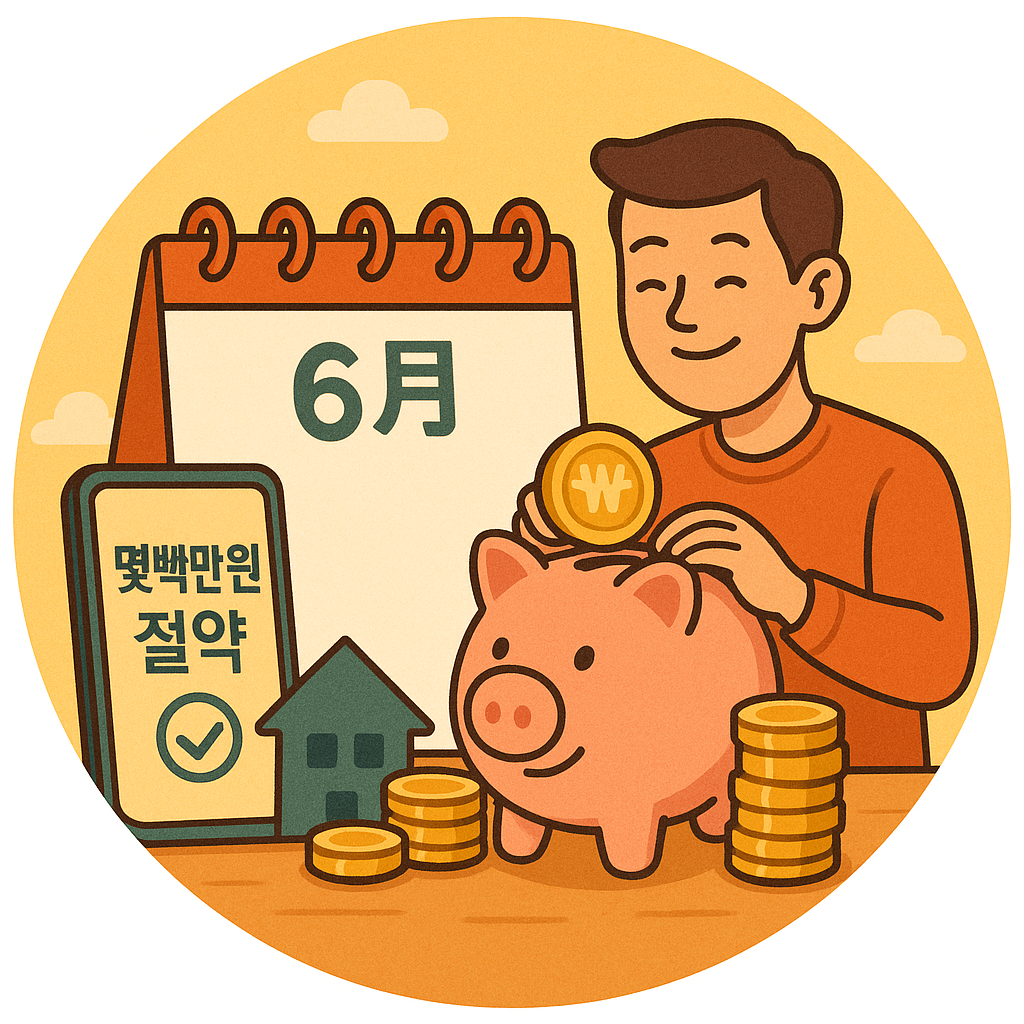 절약을 상징하는 6월 달력, 돼지 저금통, 동전, '몇백만원 절약' 문구가 있는 한국 스타일의 재정 일러스트
