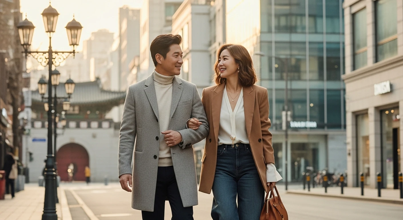 40대-트렌디한-남녀가-서로를-바라보며-세련된-도시의-거리를-걷고-있는-AI이미지