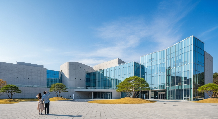 2025년 가을, 경기도의 현대적인 미술관 건축물 앞에서 한 커플이 아름다운 디자인을 감상하고 있는 모습