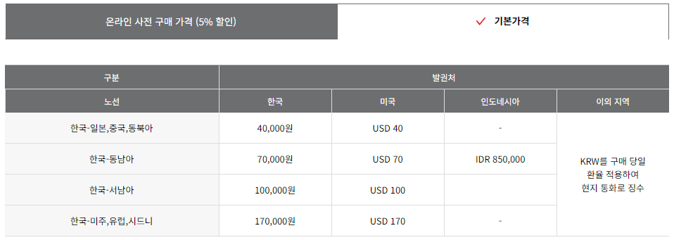 아시아나항공 유료 좌석 배정-엑스트라 레그룸 좌석 구매 가격