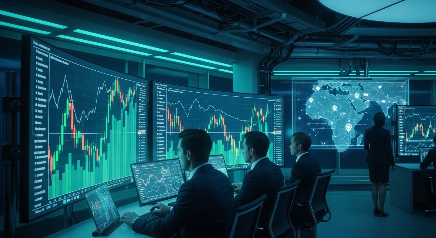 여러사람들이 주식모니터를보고있다