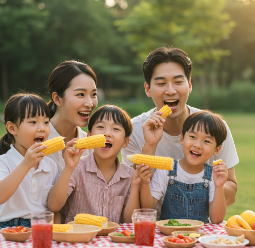 가족과 함께 여름철 간식 옥수수를 먹는 모습 3