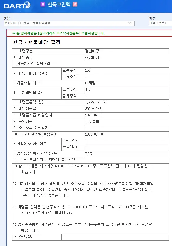 한독크린텍(256150) 2025년 배당금