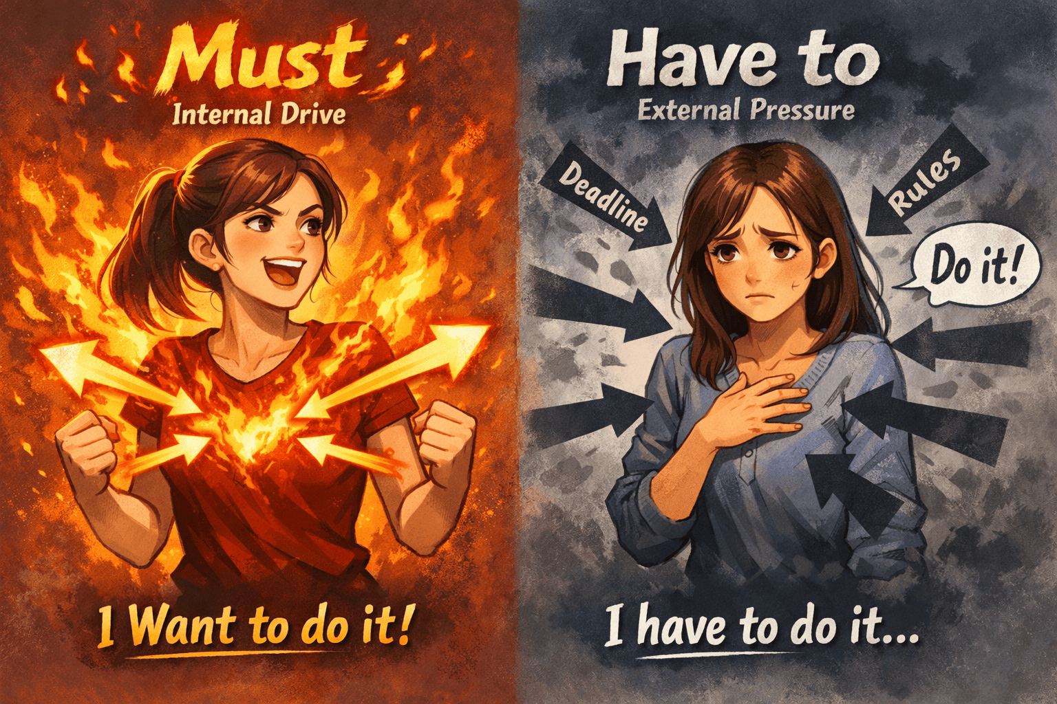 Must: I want to do it! / Have to : I have to do it.