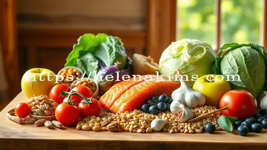 나무 탁자 위에 보약 만큼 좋은 토마토, 양배추, 마늘, 사과 등 다양한 자연 식품들이 놓인 모습.