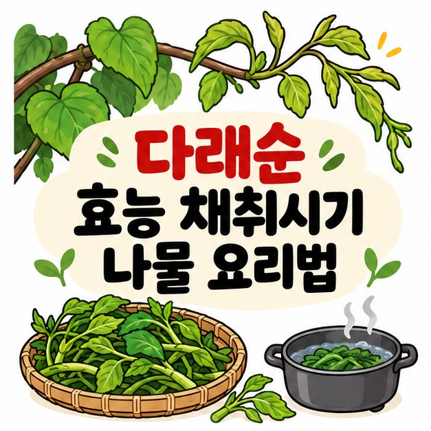 다래나무 어린순과 나물 바구니 옆에 다래순 효능 채취시기 나물 요리법 문구를 크게 보여주는 대표 카드