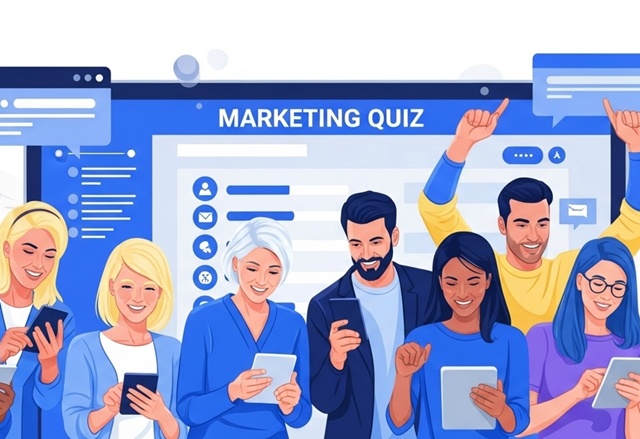 노트북 화면에 표시된 인터랙티브 마케팅 퀴즈와 스마트폰, 태블릿을 사용하여 즐겁게 참여하는 다양한 고객들의 모습, 데이터와 참여율 상승을 강조