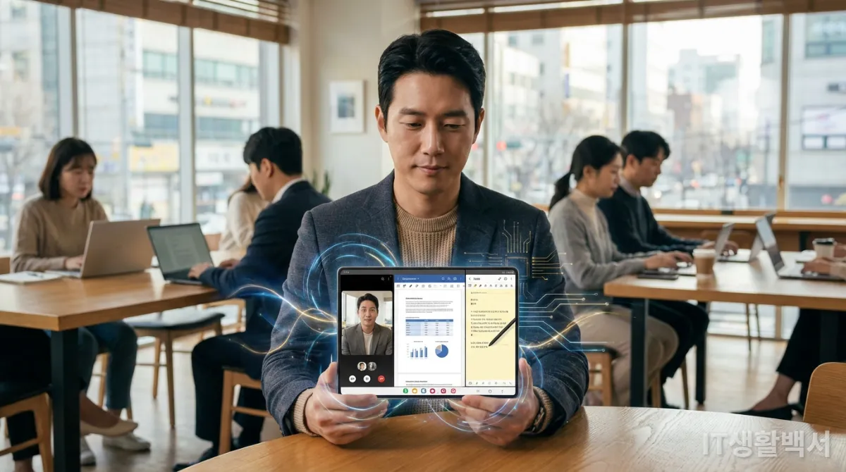 AI 기능으로 멀티태스킹하는 폴더블폰을 사용하는 한국인 직장인