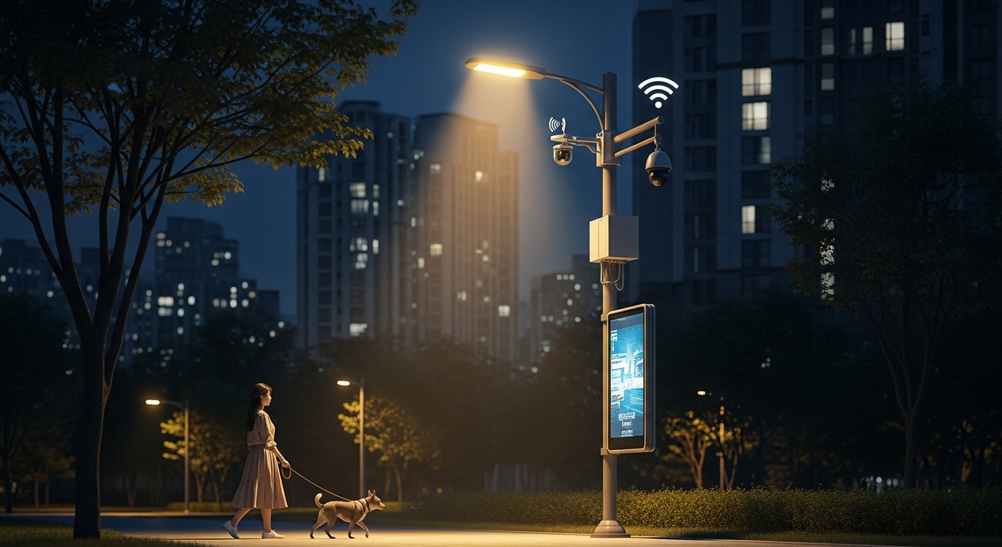 The streetlight emits warm LED lighting, with a small Wi-Fi