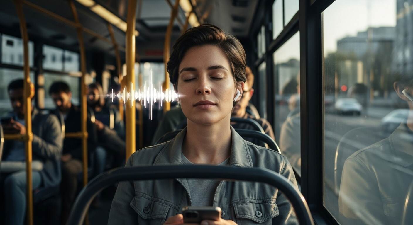 출퇴근길 대중교통에서 AI 음성으로 전자책을 듣는 모습