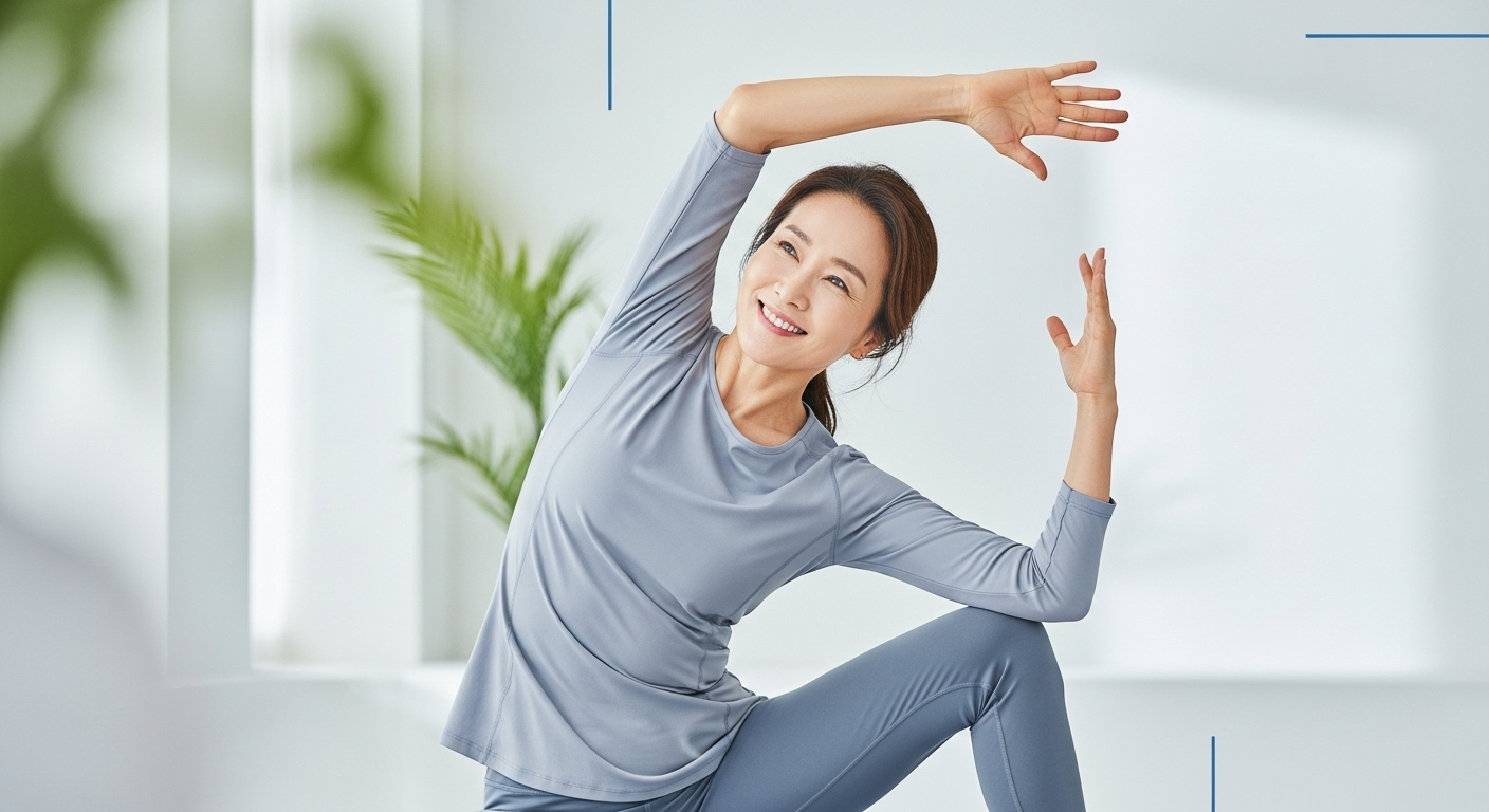 요가 자세를 취하며 활기차게 웃고 있는 40대 후반~50대 초반의 건강하고 아름다운 한국 여성. 그녀의 얼굴은 깨끗하고 활력 넘치며, 머리카락은 풍성하게 빛나고 있다.