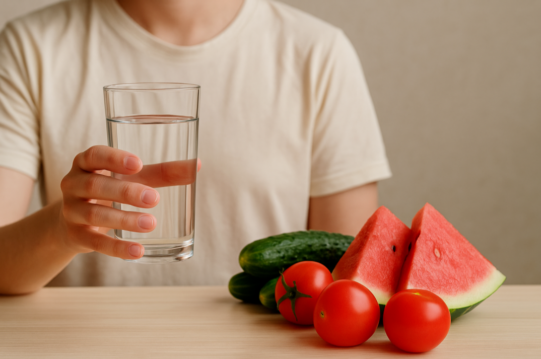 수박, 오이, 토마토와 함께 물을 마시는 모습으로 수분 보충의 중요성을 강조하는 장면
