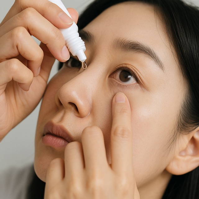 결막하출혈이 생기 눈에 안약을 넣는 모습(출처: 자체제작)