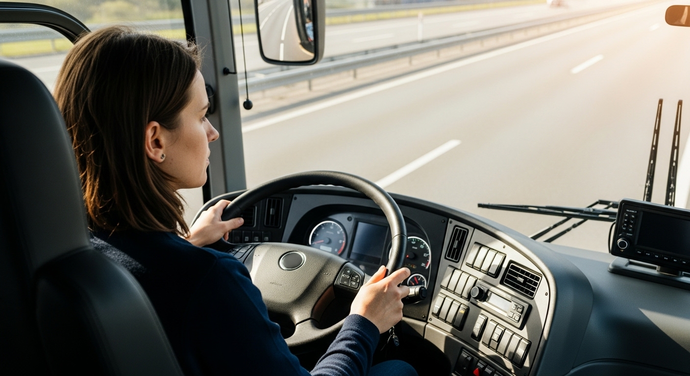대형 버스 운전석에 앉아 핸들을 잡고 집중하는 운전자