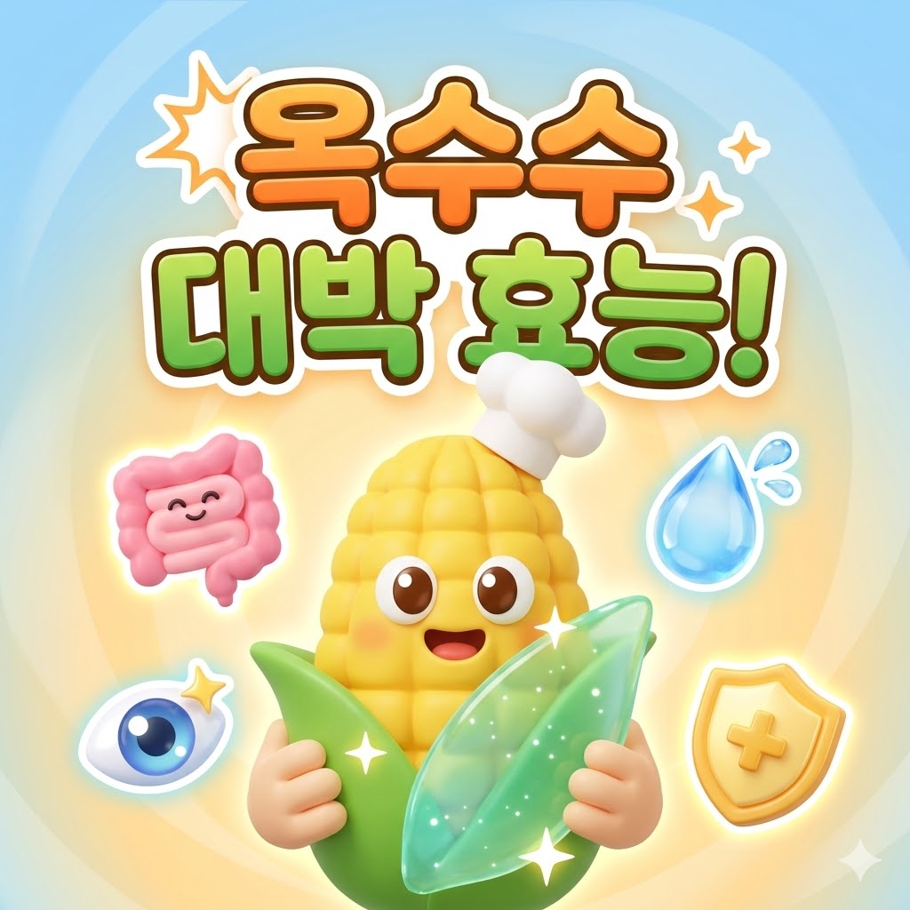 활짝 웃는 귀여운 옥수수 캐릭터가 건강 관련 아이콘들(장, 눈, 물방울, 방패)과 함께 떠다니는 3D 카툰 일러스트. '옥수수 대박 효능!' 문구가 눈에 띄며, 옥수수의 건강상 이점을 시각적으로 강조합니다.