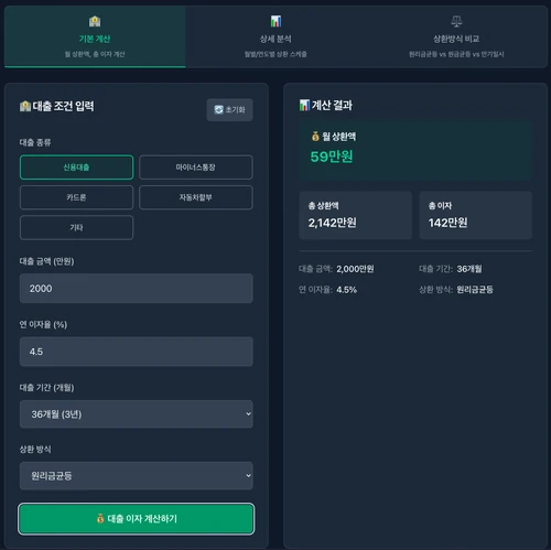 대출이자 계산기 Mowatool 온라인 무료 툴 - 원리금균등 원금균등 만기일시 상환 방식 비교 중도상환 시뮬레이션