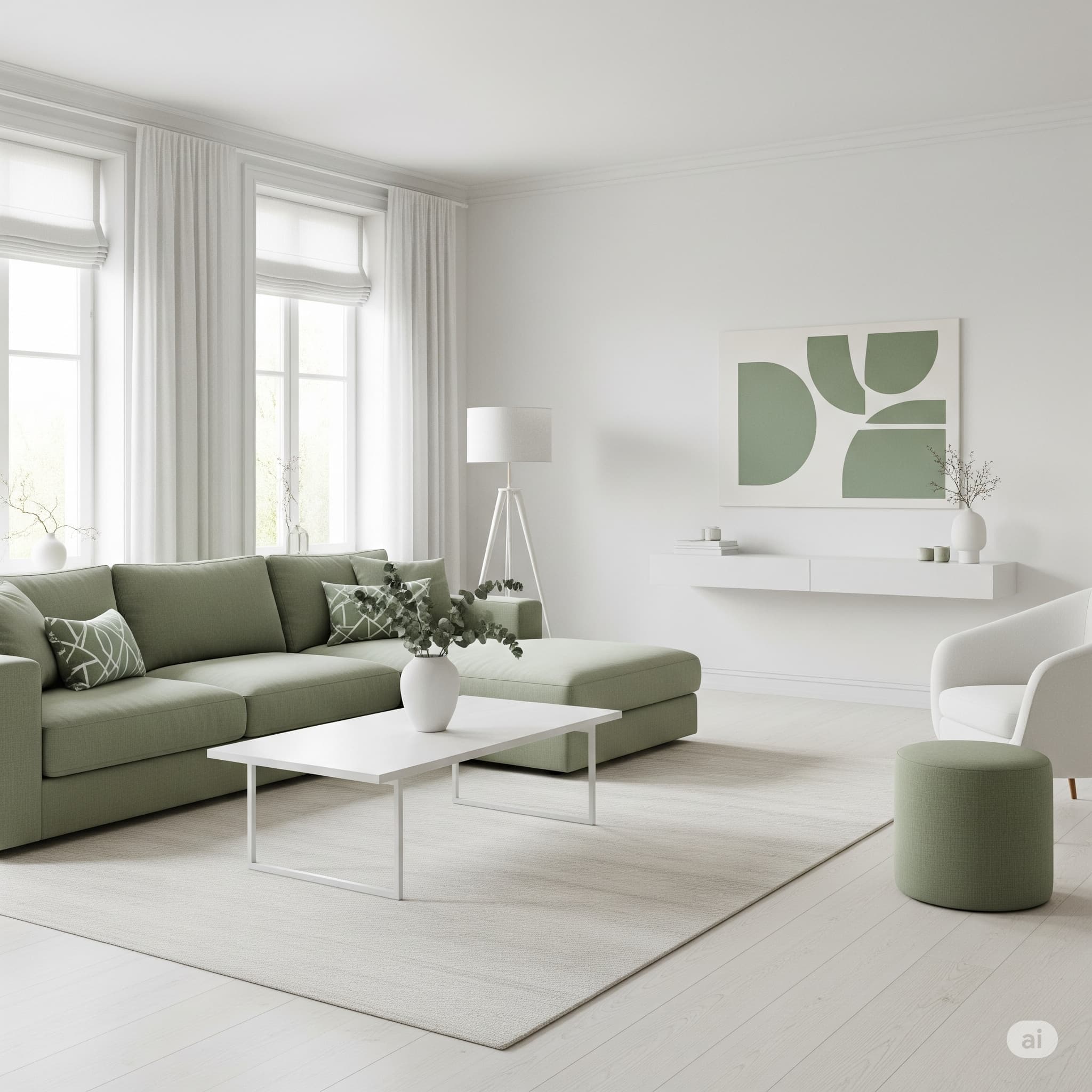 화이트와 세이지 그린 포인트 컬러가 조화를 이루는 미니멀 인테리어 거실