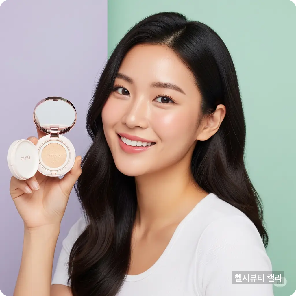 쿠션을 든 자연스러운 미소의 K뷰티 여성 모델