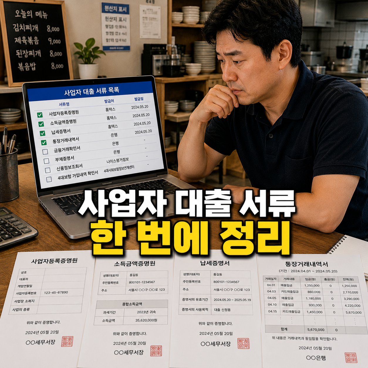 사업자 대출 서류를 준비하는 소상공인 사장이 은행 제출용 증명서와 통장거래내역서를 확인하는 모습