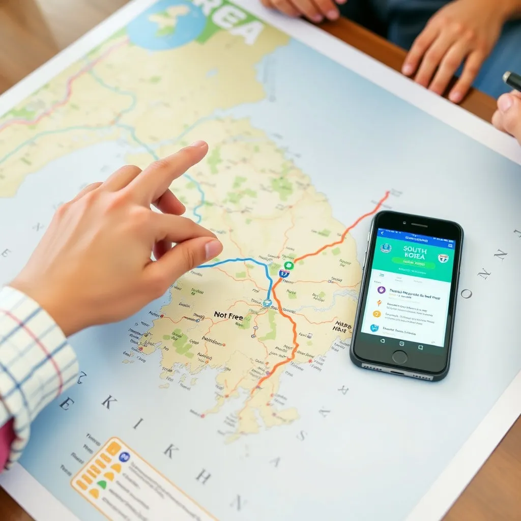 테이블 위에 펼쳐진 대한민국 지도 위로 손가락이 특정 고속도로 경로를 가리키고 있고, 옆에는 스마트폰이나 태블릿으로 여행 정보를 검색하는 모습을 함께 담아낼 수 있습니다.