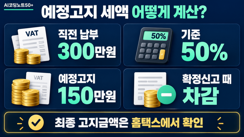 개인사업자 부가세 직전 납부세액 300만원의 50%인 150만원 예정고지 계산 예시