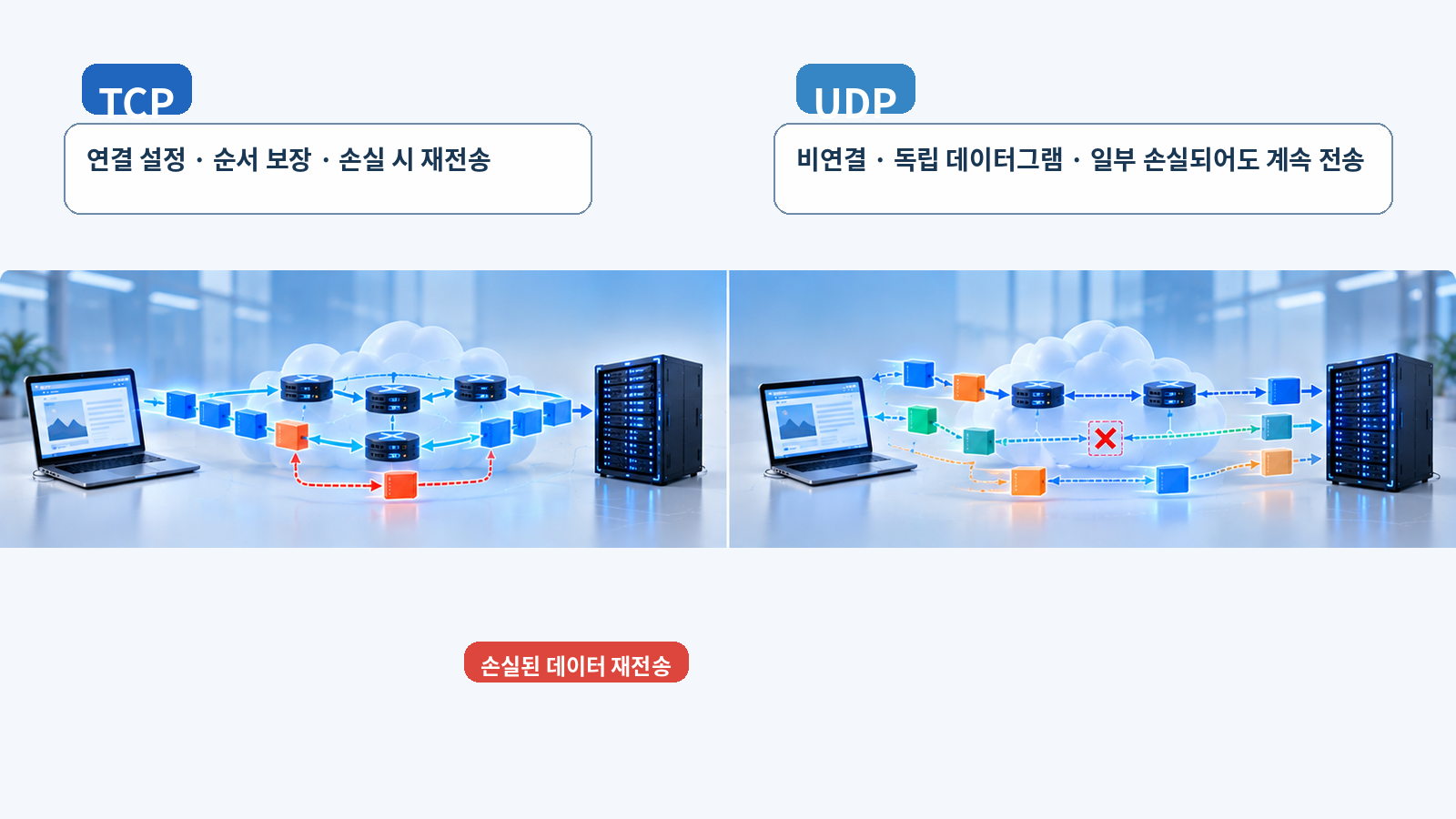 연결과 신뢰성을 관리하는 TCP와 데이터그램을 직접 전달하는 UDP의 통신 구조 비교