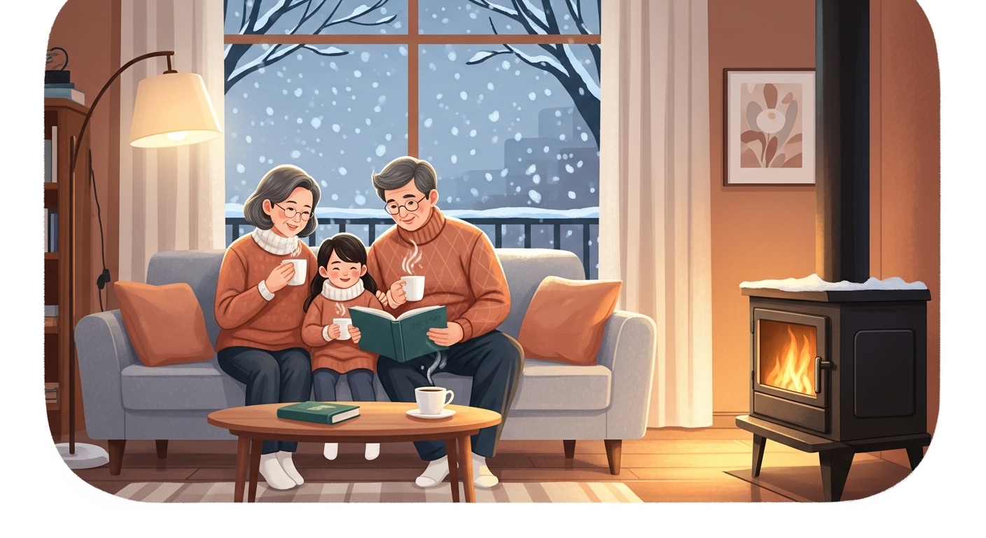 겨울철 따뜻한 집에서 편안하게 쉬고 있는 가족의 모습, 취약계층 난방비 지원으로 걱정 없는 겨울을 상징합니다.