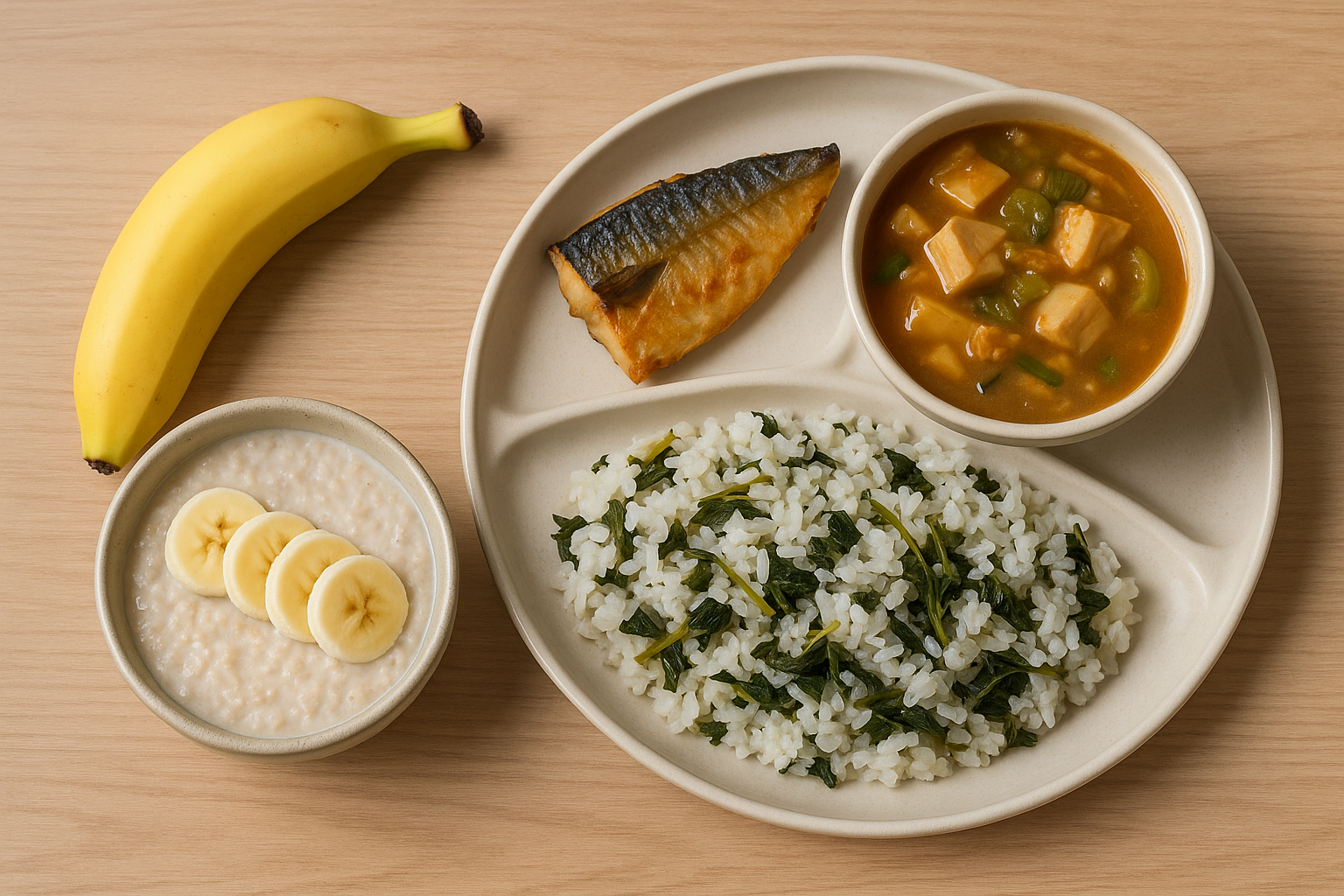 귀리죽, 바나나 곤드레밥, 된장찌개, 생선구이