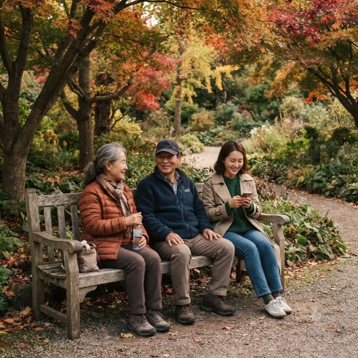 가을 정원 산책 중 벤치에서 잠시 쉬는 부모님
