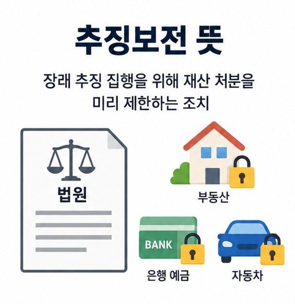 법원 문서와 자물쇠가 표시된 부동산 예금 자동차 재산 아이콘을 배경으로 추징보전 뜻이라는 글자가 중앙에 놓인 법률용어 인포그래픽