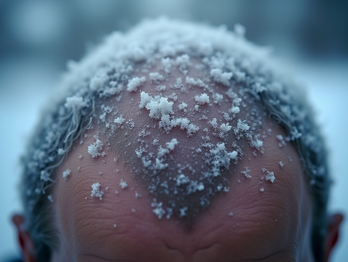 머리위에 내린 눈으로 각질을 연상하는 모습