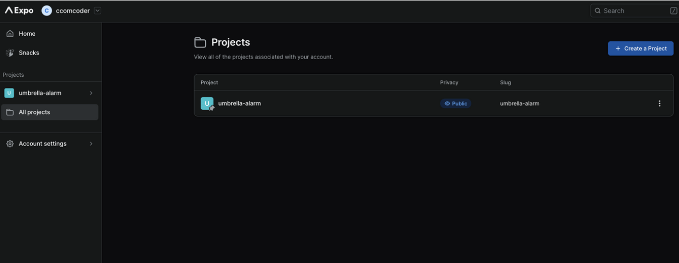 Expo 사이트 All Projects 메뉴와 Create Project 버튼 화면