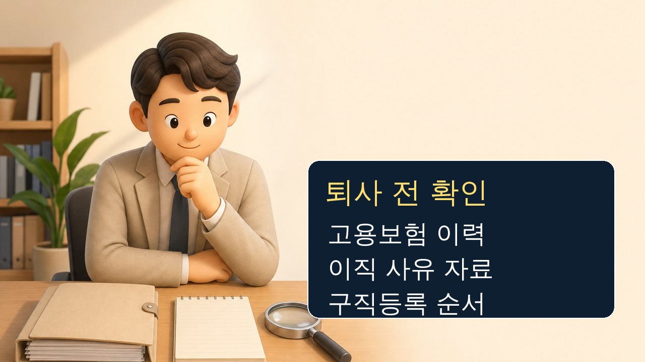 퇴사 전 고용보험 이력과 이직 사유, 구직등록을 확인하는 따뜻한 일러스트