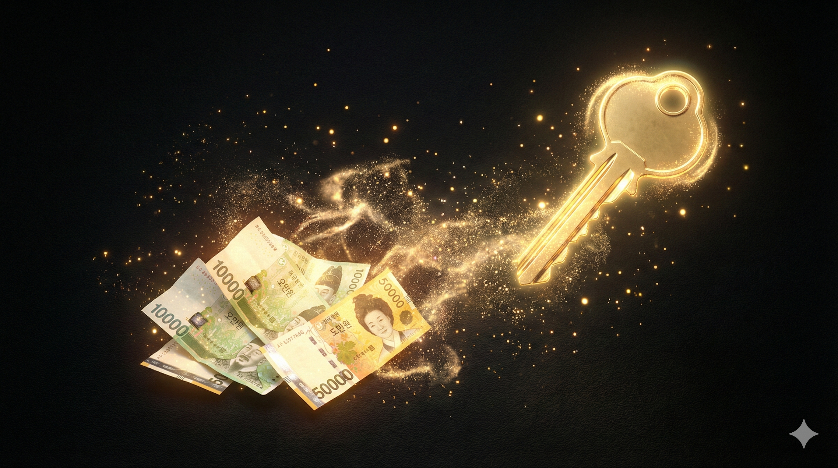 500만 원짜리 동전 더미가 빛을 내며 거대한 황금색 아파트 열쇠로 변하는 마법 같은 3D 일러스트