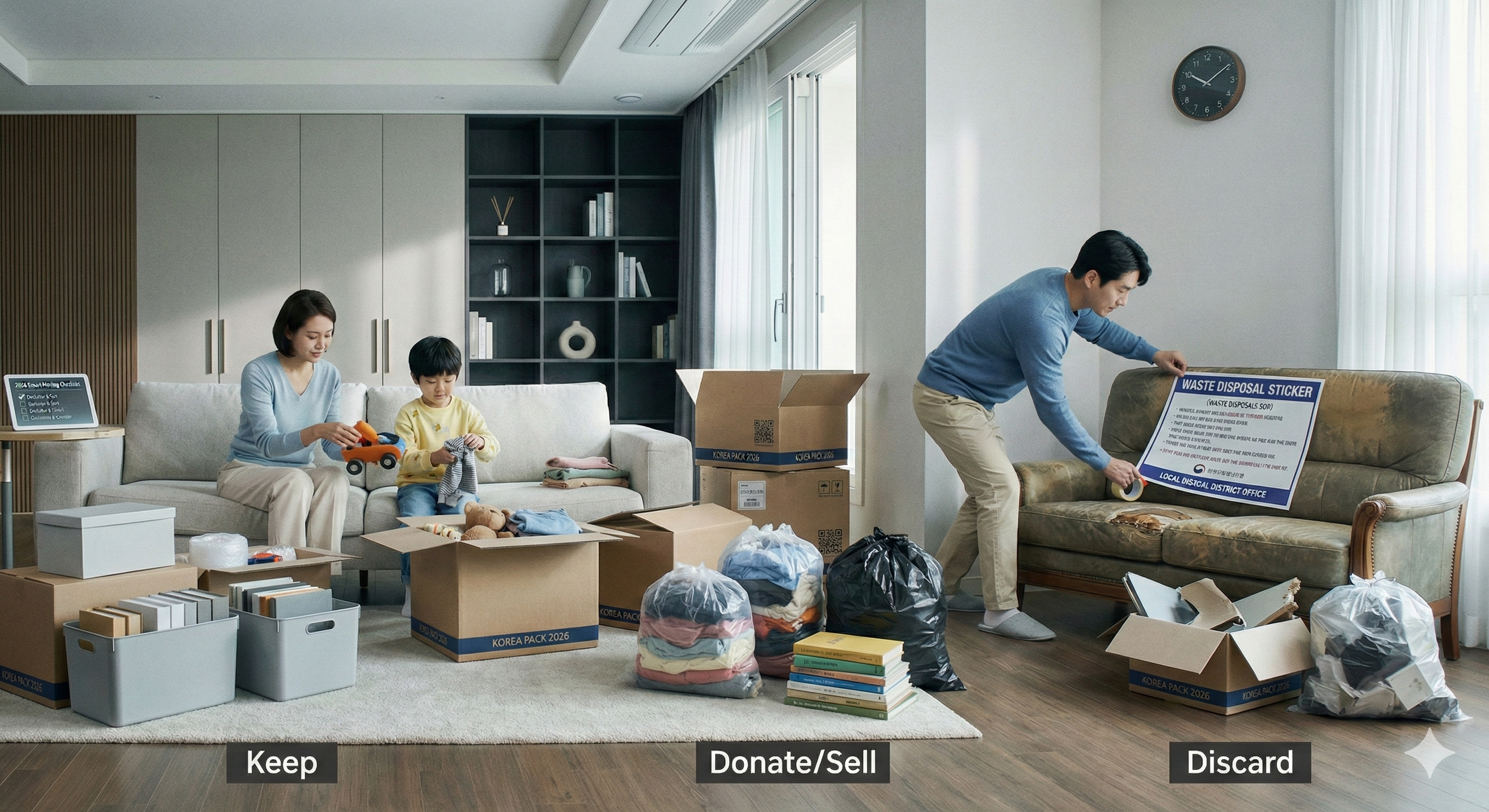 이사 전 불필요한 짐을 정리하고 대형 폐기물을 배출하기 위해 분류하는 과정