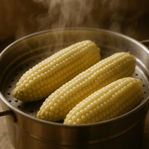 찜기에 옥수수를 찌고있는사진.
