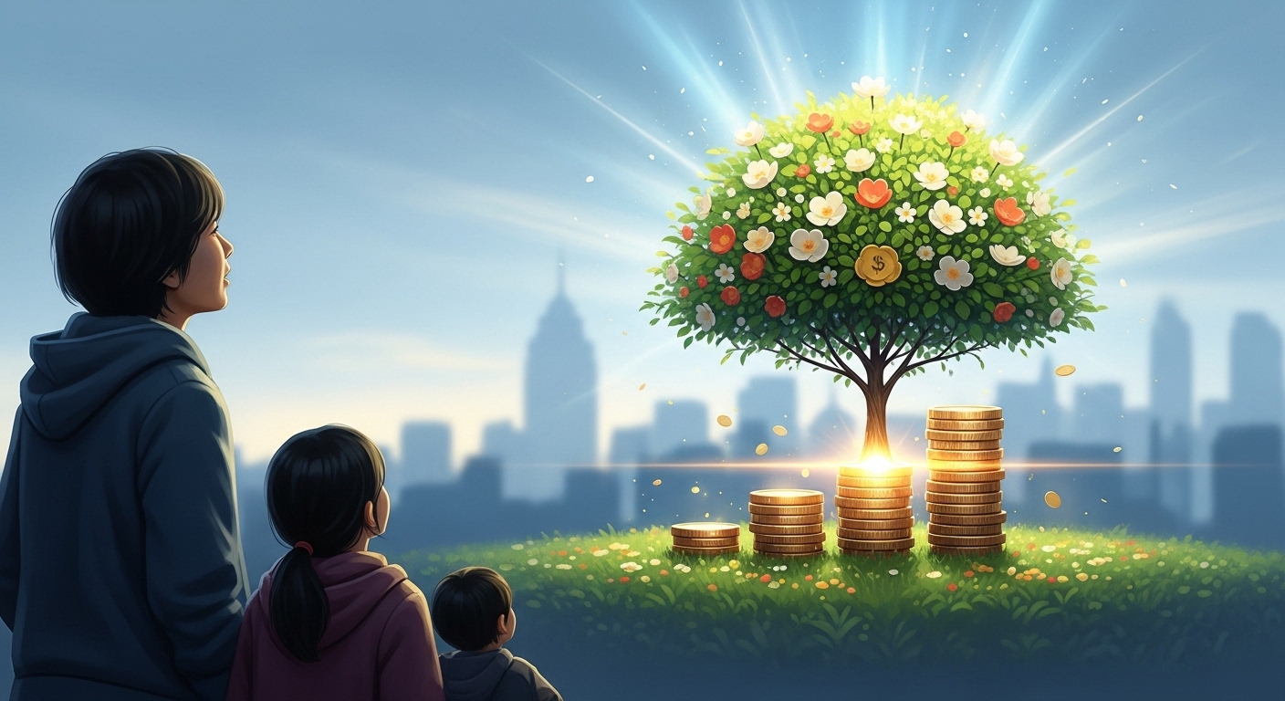 희망저축계좌2를 통해 자산을 형성하는 과정을 상징하는 이미지. 희망찬 분위기 속에서 돈나무가 자라고 있거나 지폐와 동전이 쌓여 있는 모습을 보며 미소 짓는 사람들의 모습.